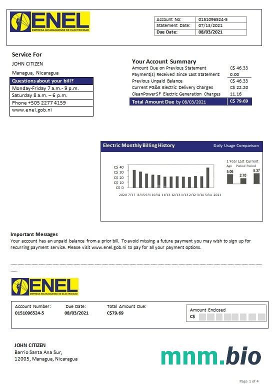 Nikaragua Nikaraguan Electricity Firma Enel elektryczność rachunek za media szablon w formacie Word i PDF